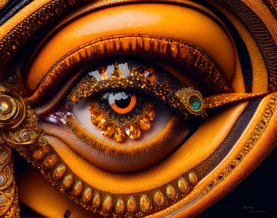 Intricately decorated eye with golden ornate details and jewelry