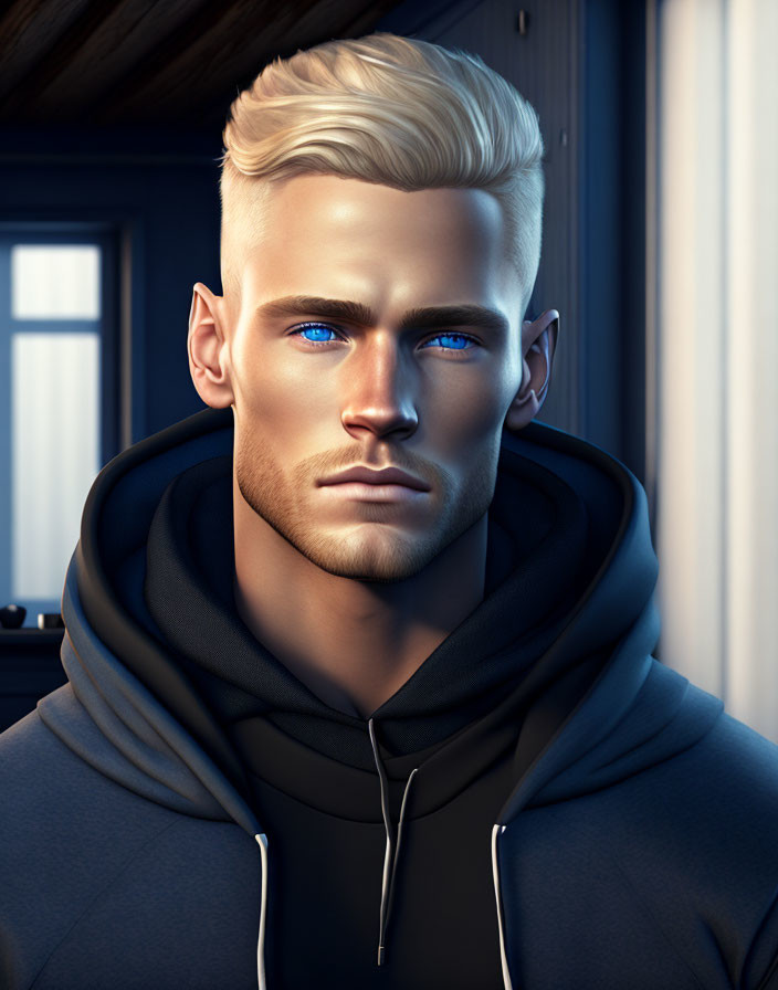 Male Figure with Striking Blue Eyes and Blonde Hair in Black Hoodie