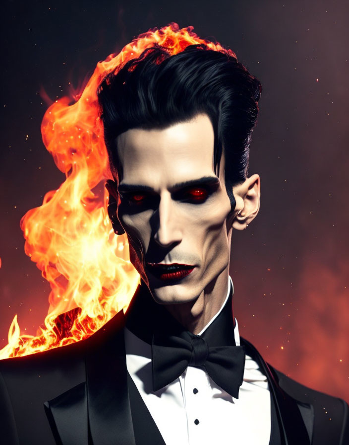 Man with sharp features and glowing red eyes in flames hair, black tuxedo on dark background