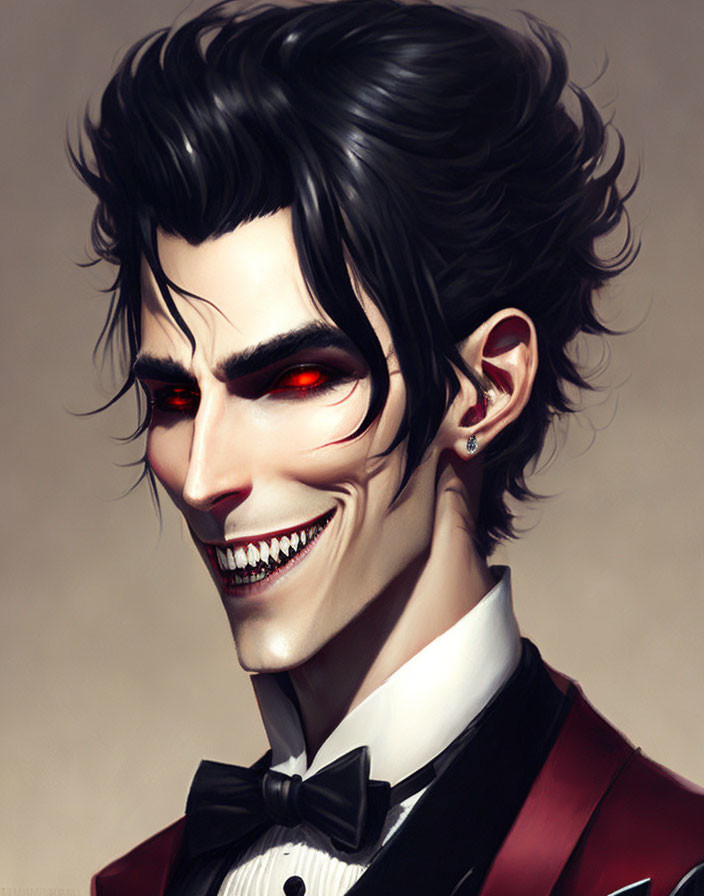 Smiling vampire with black hair, red eyes, fangs in tuxedo