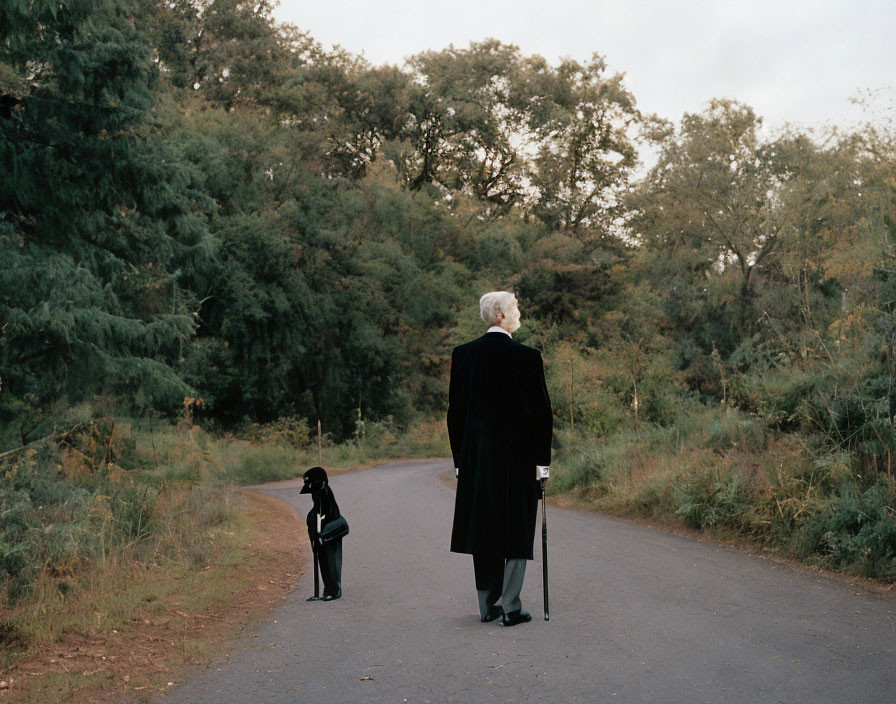 Elderly person with white hair and black dog in nature scene