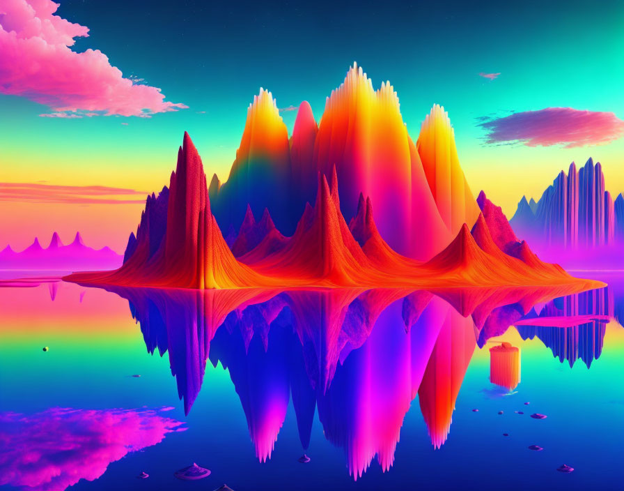 Colorful Surreal Landscape with Jagged Mountains and Tranquil Water