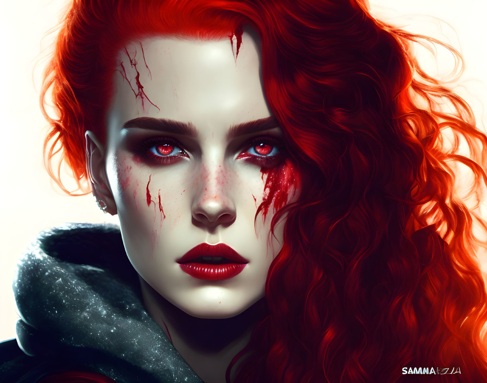 Vibrant red-haired woman with blood streaks, exuding intense aura