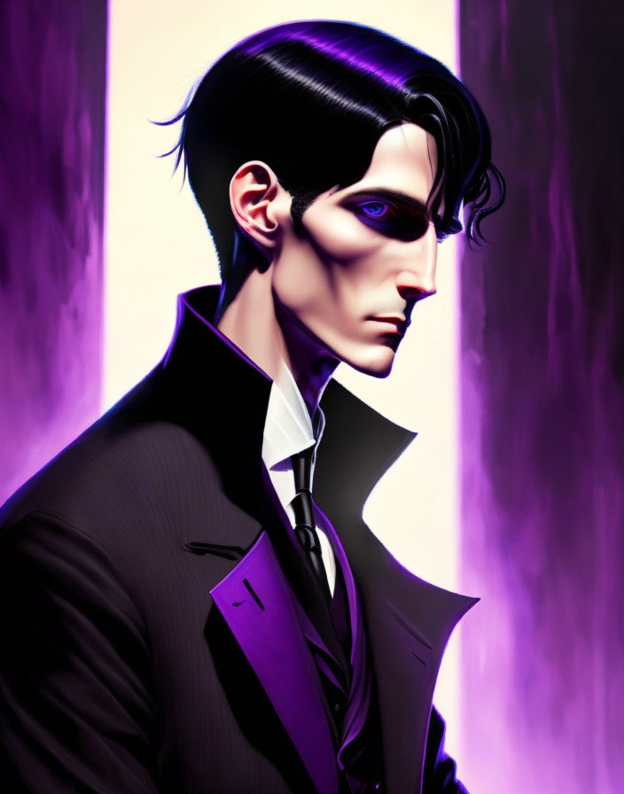 Illustration of stylish man in black suit with dark hair and blue eyes