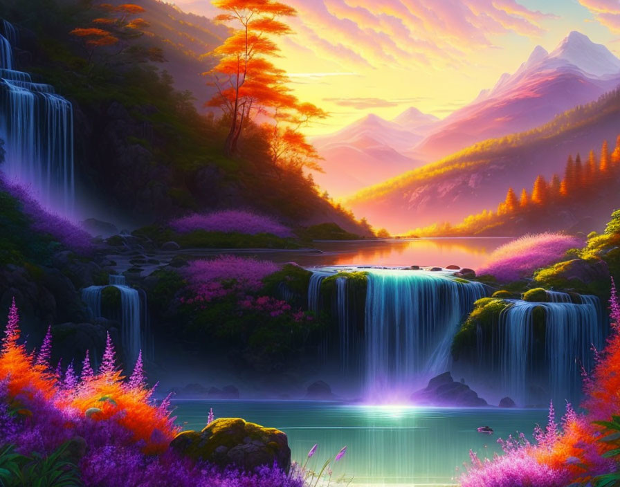 Digital Artwork: Waterfalls, River, Flora, Mountains, Sunset Sky