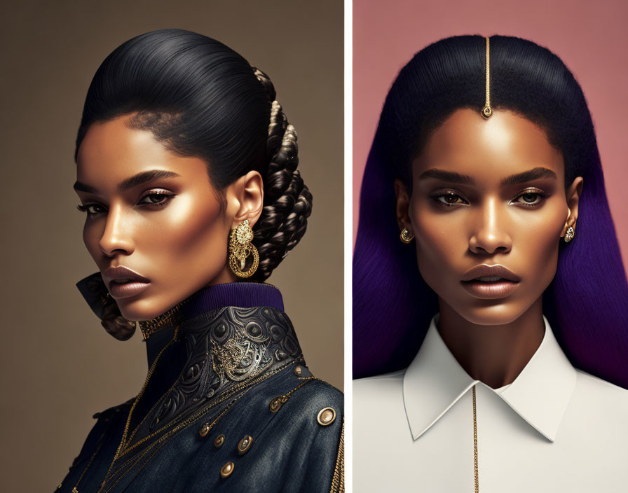 Stylized portraits of a woman with sleek hairstyles and striking makeup in different outfits.