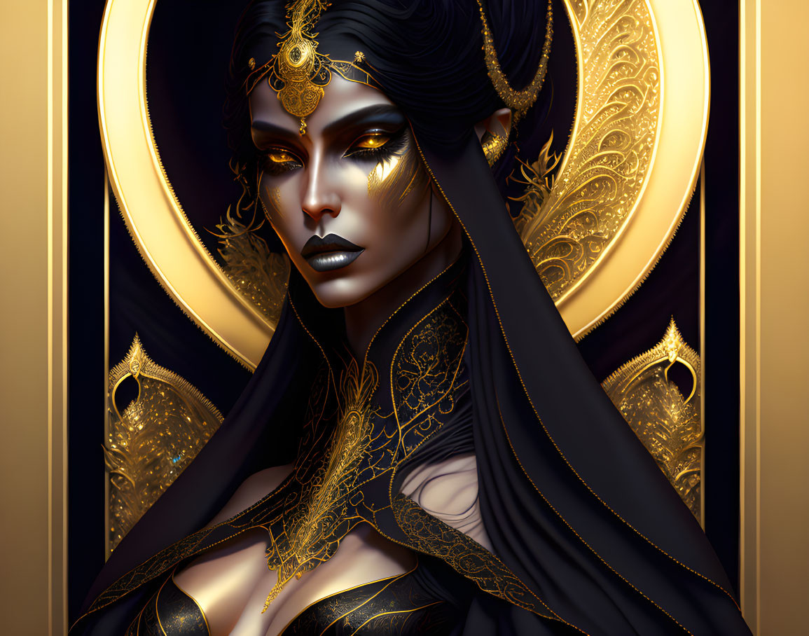 Illustrated portrait of woman with dark hair and gold makeup against circular backdrop