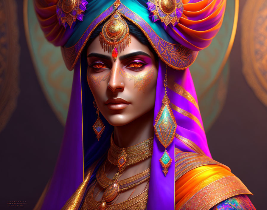 Detailed illustration of woman in vibrant turban, gold jewelry, red bindi, purple backdrop