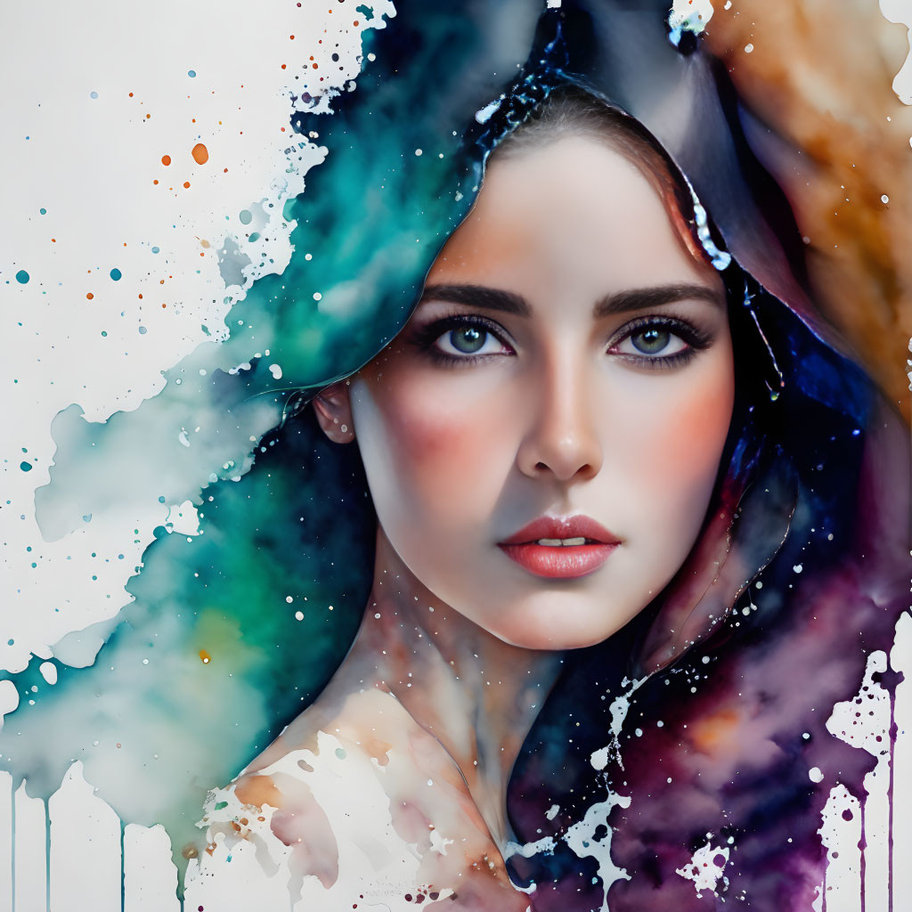 Photorealistic portrait of a woman with abstract watercolor splashes