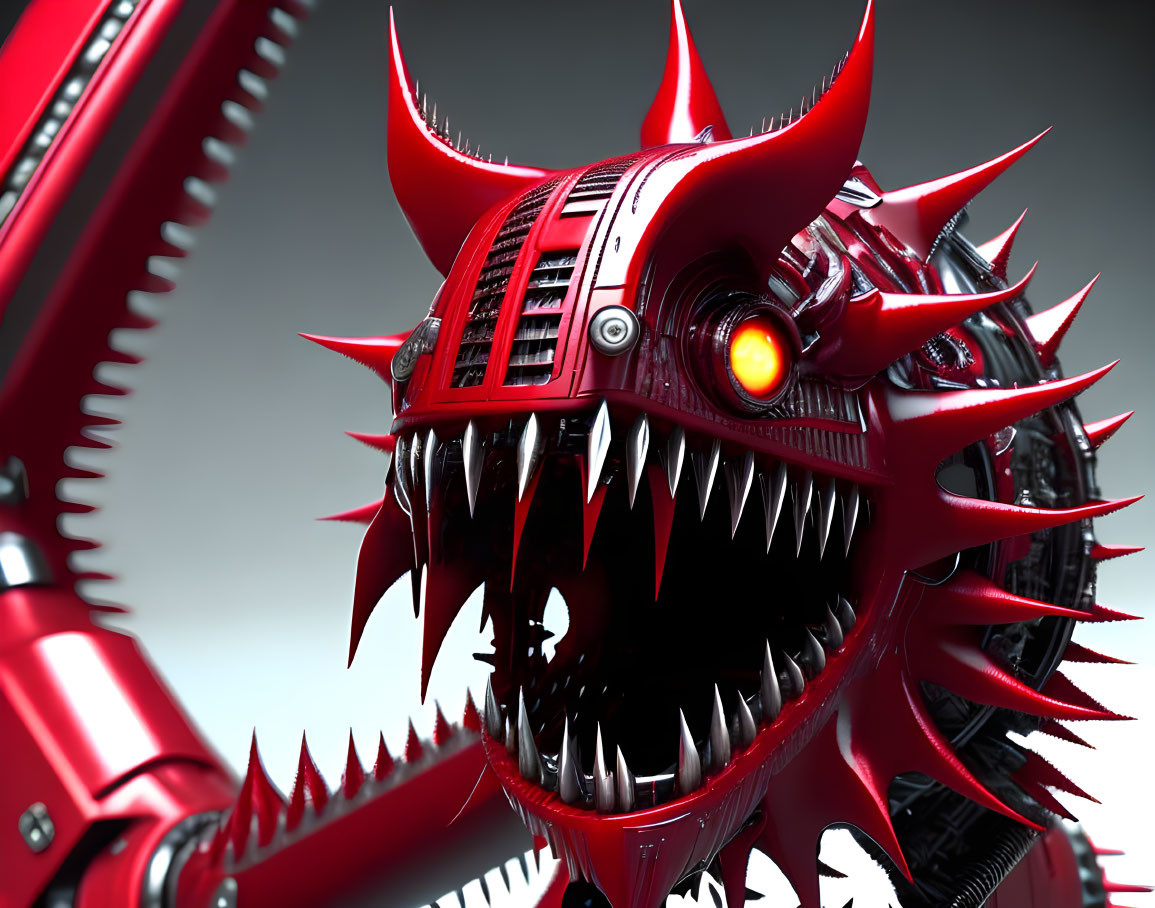 Menacing robotic dragon head with sharp teeth and glowing eye.