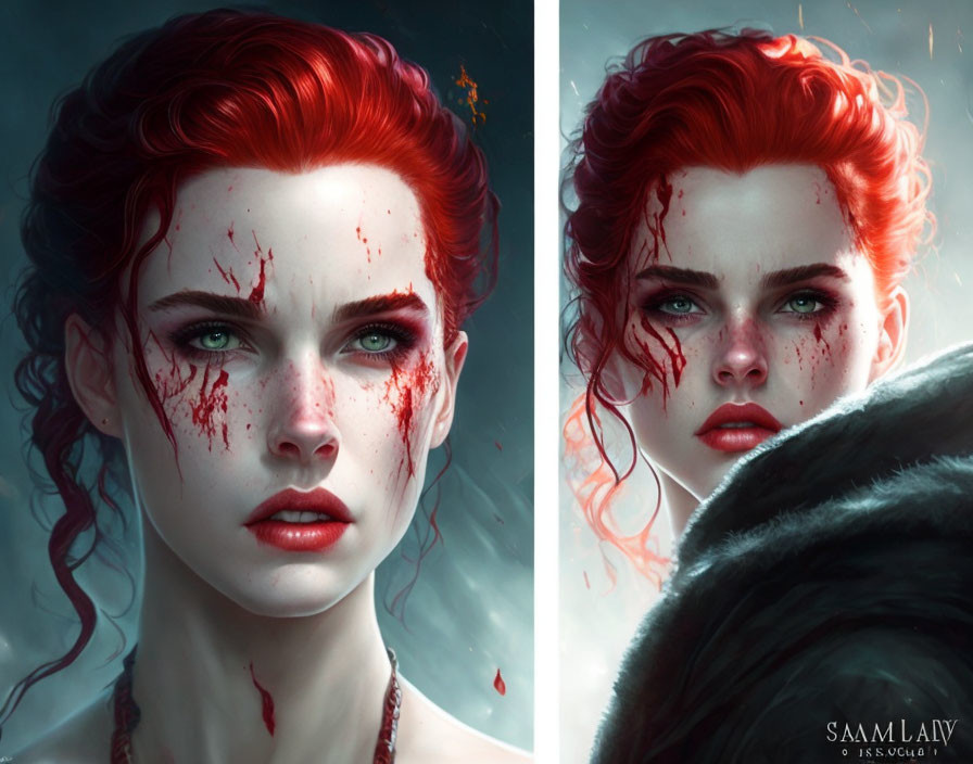 Digital artwork: Woman with red hair, blue eyes, blood splatter, intense expression.