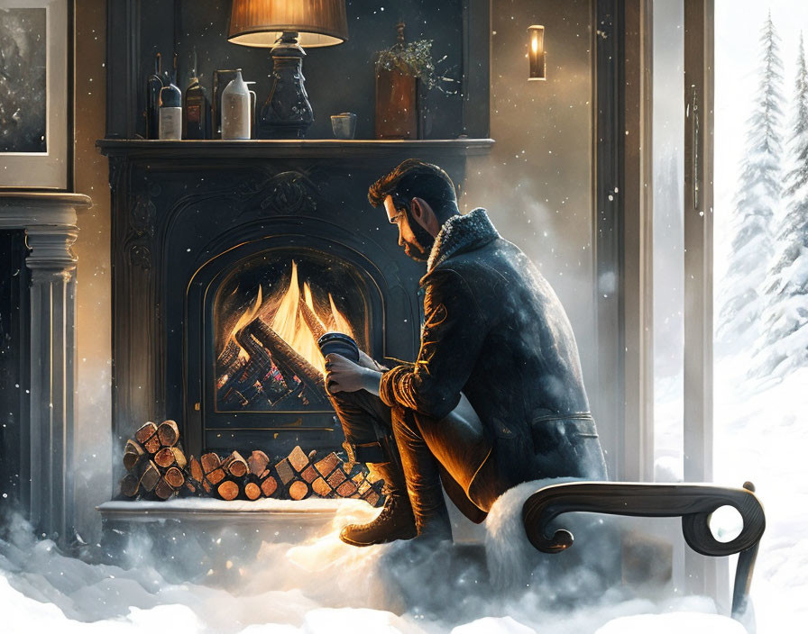 Man by Fireplace in Snowy Winter Landscape