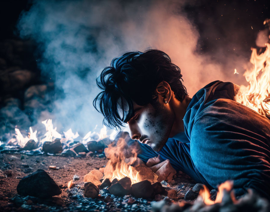 Person with Tousled Hair by Small Fire at Night