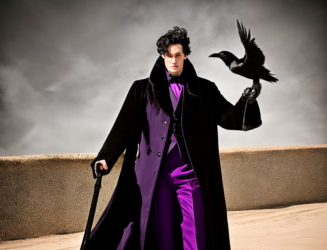 Gothic figure in black cloak with cane and raven under cloudy sky