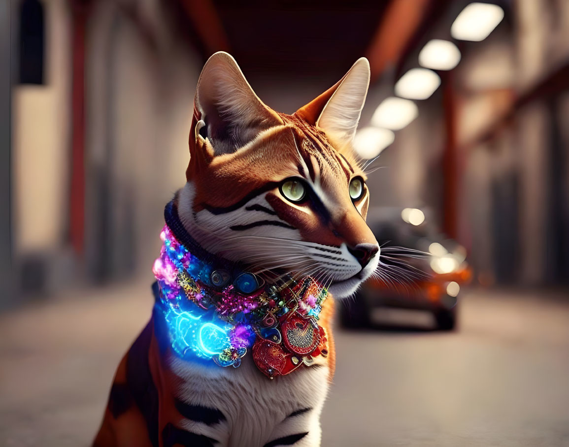 Colorful Collared Cat Gazing in Alleyway