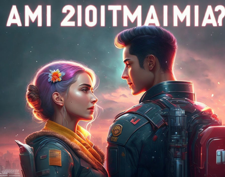 Futuristic man in armor gazes at woman under neon-lit sky