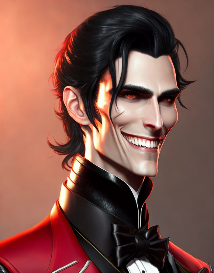 Stylized male character with black hair in red suit