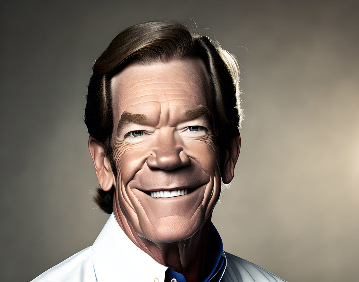 Smiling man caricature with prominent features on blue shirt and gray background