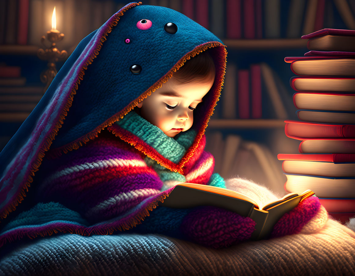 Child reading book in monster hood under candlelight