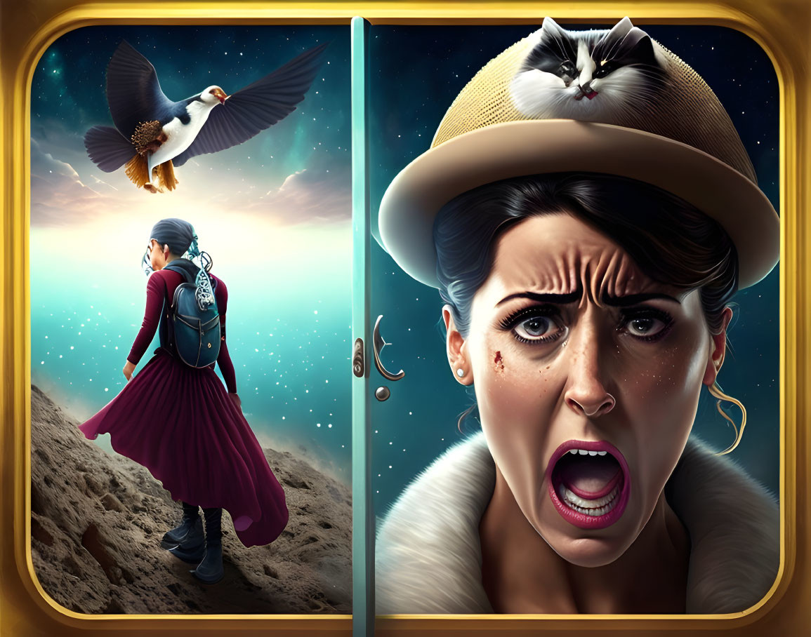 Surreal artwork split into two scenes: woman with backpack under starry sky and flying eagle,