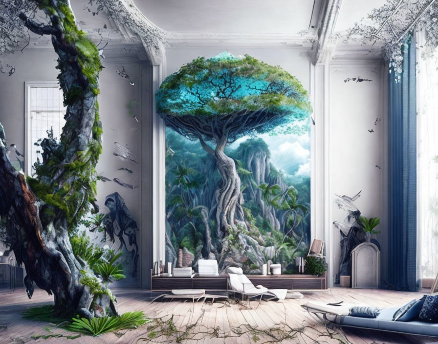 Surreal indoor space with majestic tree, greenery, birds, and mountains.