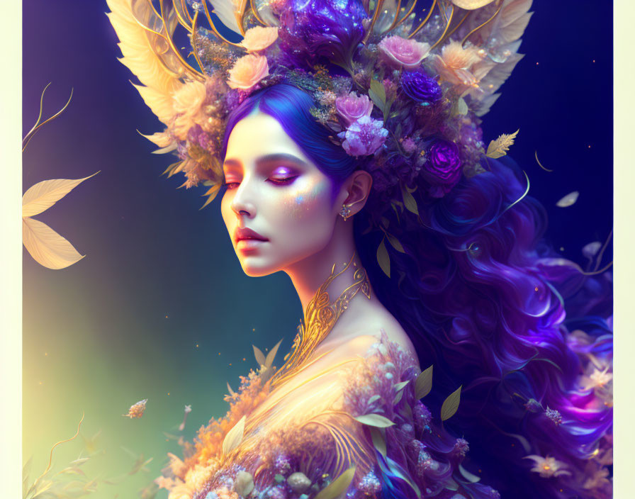 Ethereal woman with floral headdress and purple hair in golden light