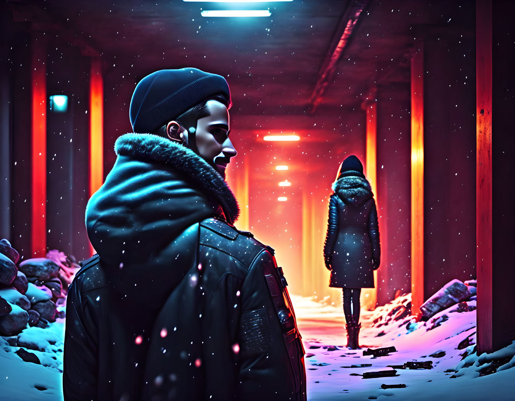 Person in winter jacket and beanie in snowy alleyway under neon lights