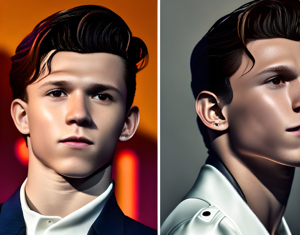 Split image: Young man in dark suit & styled hair on left, side profile in light jacket on