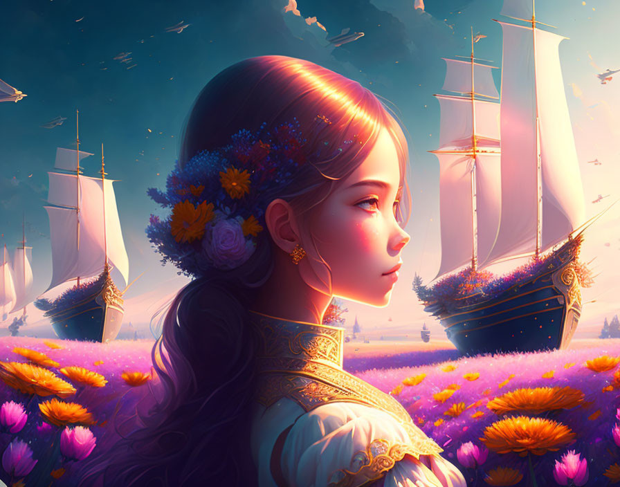 Digital artwork featuring girl with floral headdress and fantasy sailboats in background.