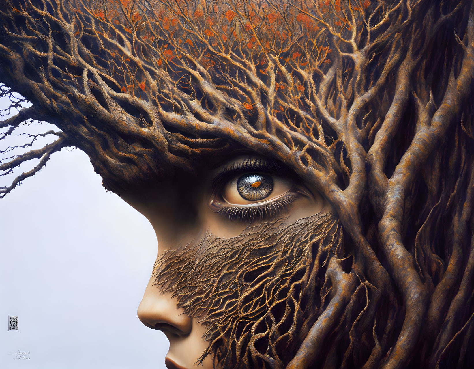 Surreal artwork: human face with branches and roots against neutral background