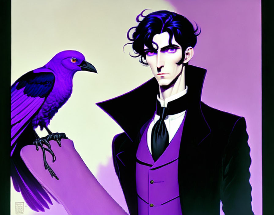 Illustration of man in black suit with dark hair and purple raven on branch