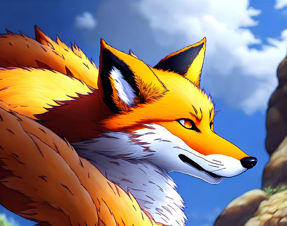 Colorful Fox Illustration Against Blue Sky and Clouds