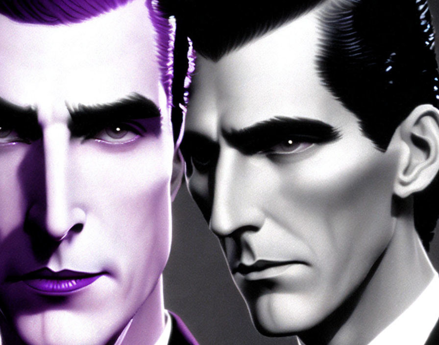 Stylized male figures with slicked-back hair and sharp features in purple and grayscale tones