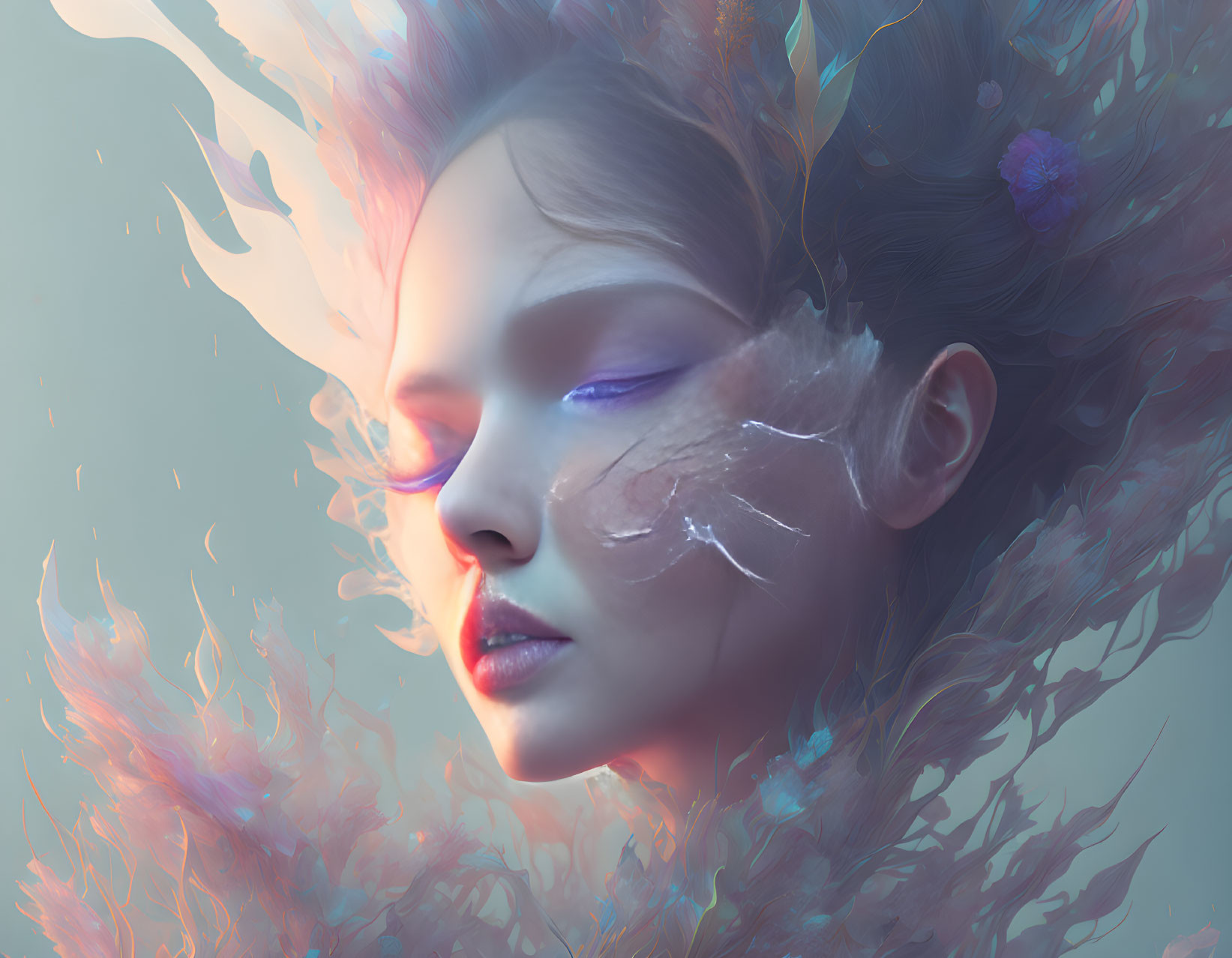 Surreal portrait of woman with floral and feathery elements on aqua backdrop