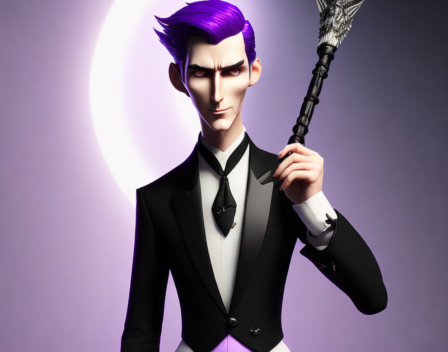 Animated male character with purple hair holding a staff in a black suit, crescent moon background