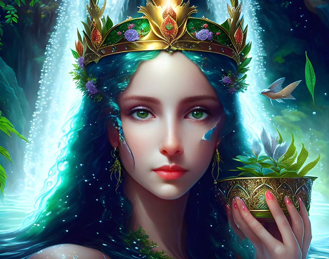 Mystical woman with blue hair and golden crown holding glowing plant in lush forest.