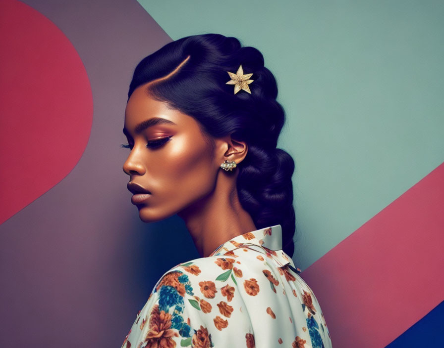 Woman with star-adorned hairstyle in floral attire on colorful geometric backdrop