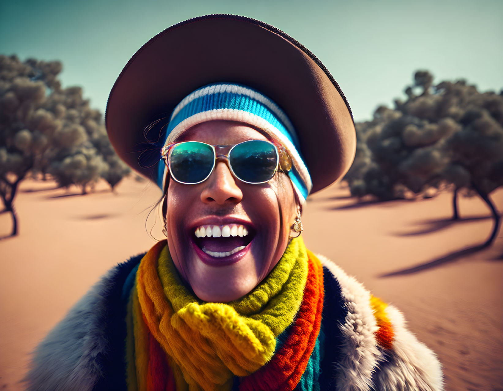 Colorfully dressed person smiling in sunny desert landscape