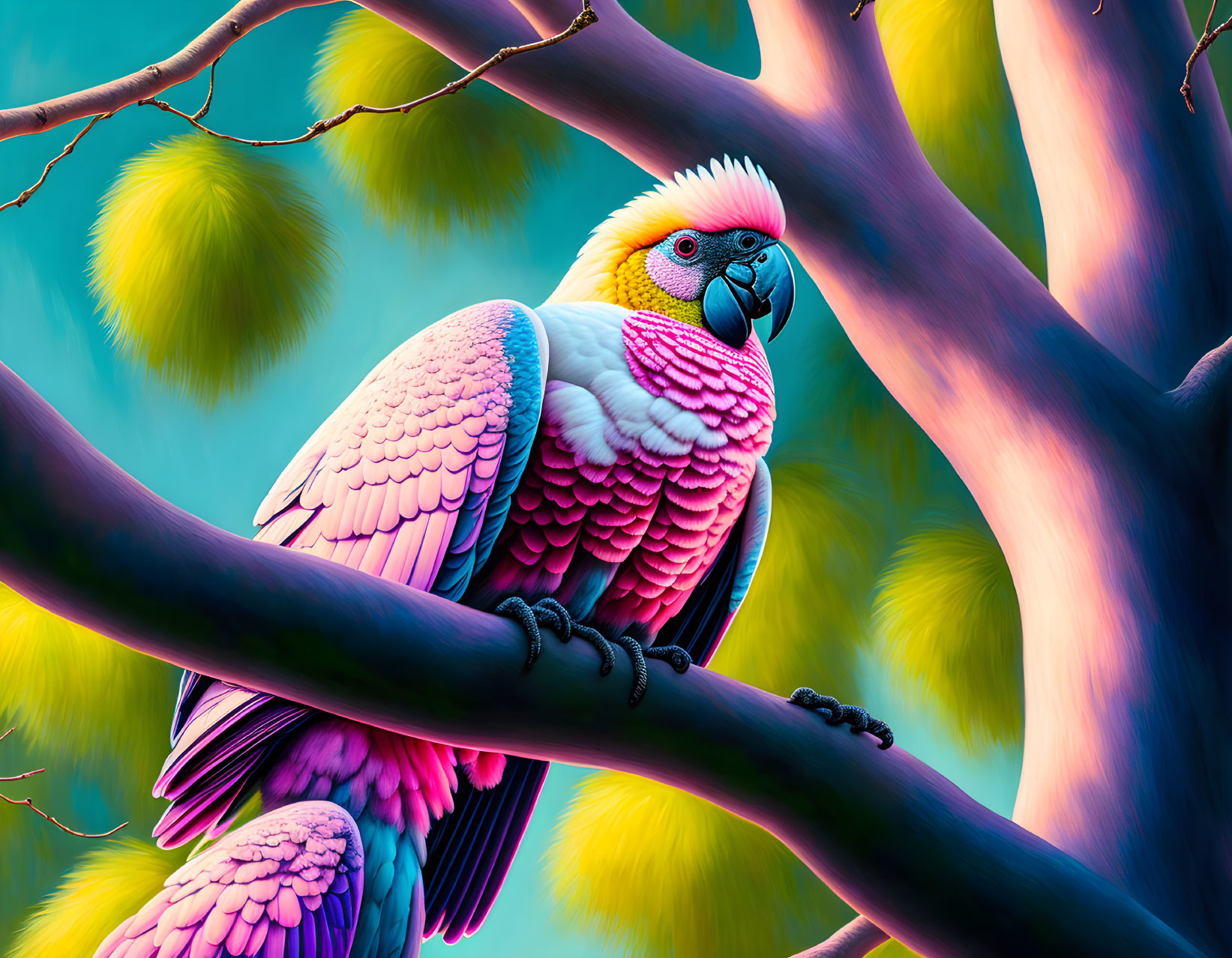 Colorful Pink Parrot with Blue Head on Tree Branch Against Teal Background