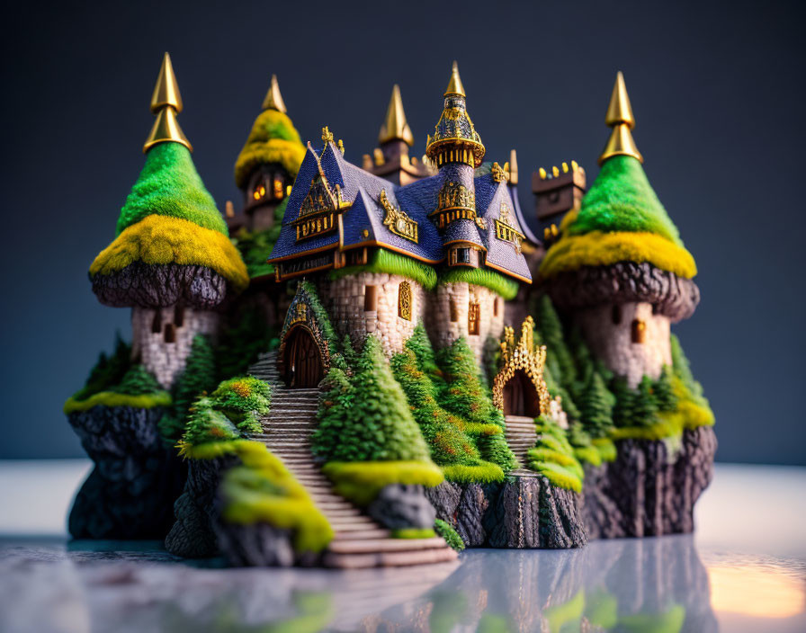 Miniature fantasy castle with towers and tree-like structures on reflective surface.