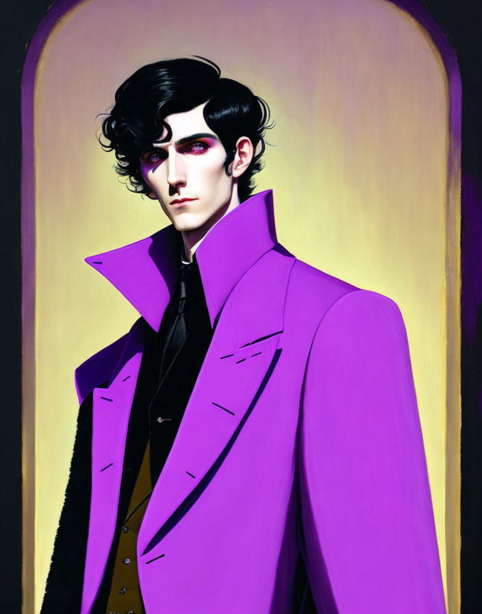 Illustration of man in purple suit on yellow and black background