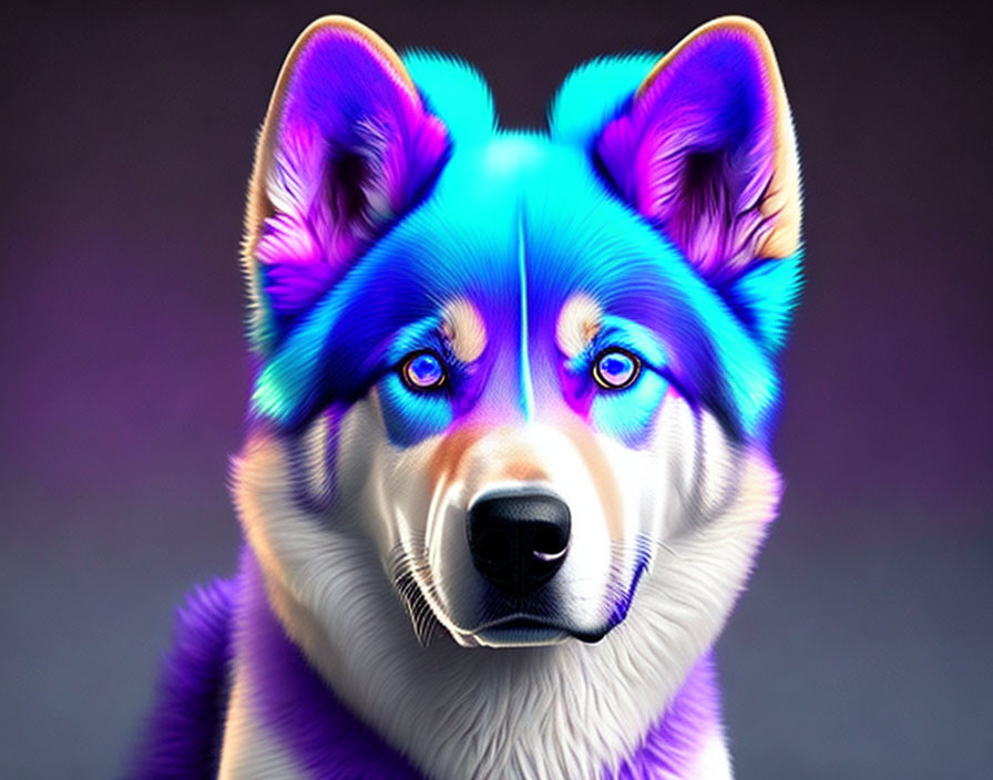 Digitally altered image of a dog with vibrant blue and purple fur on purple background