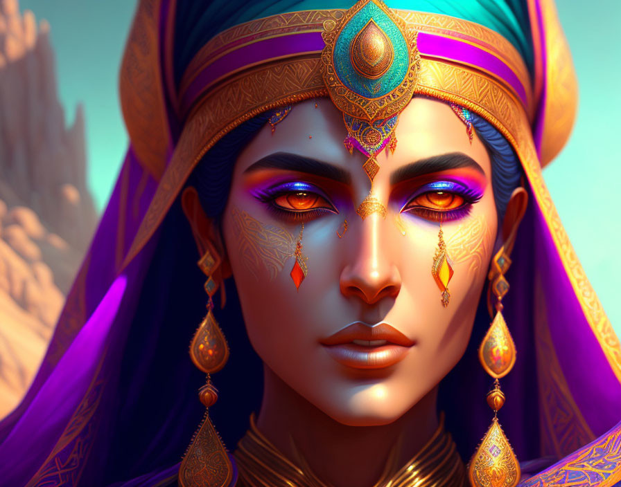 Colorful woman's portrait with purple makeup and gold jewelry in desert setting