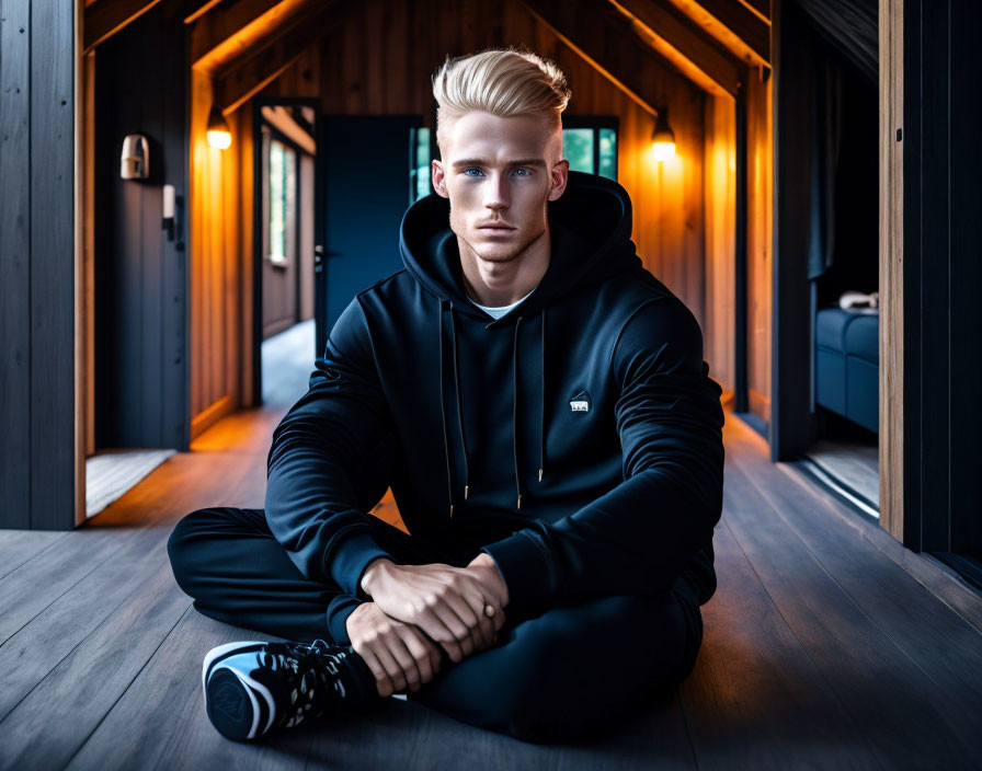 Blonde Man in Black Hoodie and Sneakers on Wooden Floor