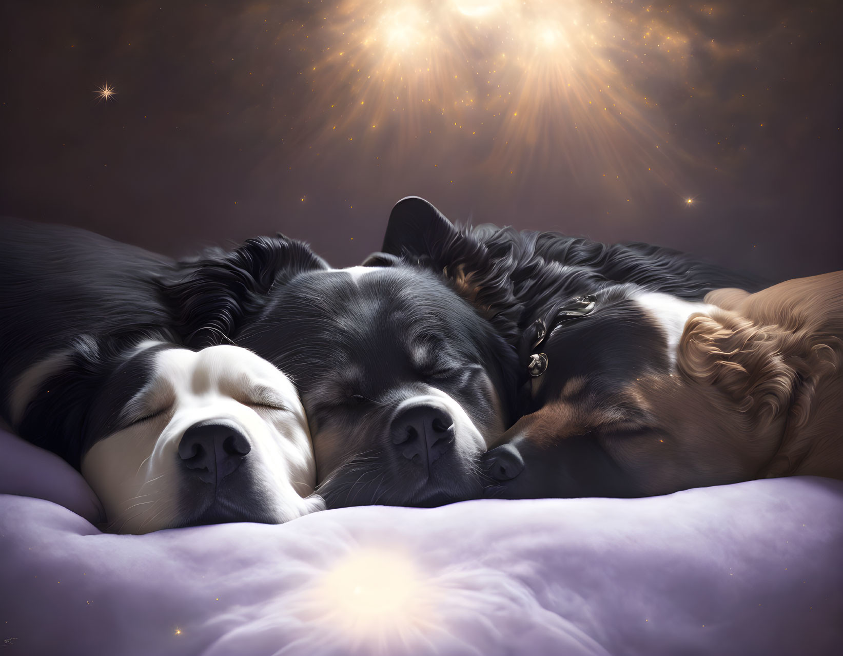 Three dogs sleeping against cosmic starry background with light bursts