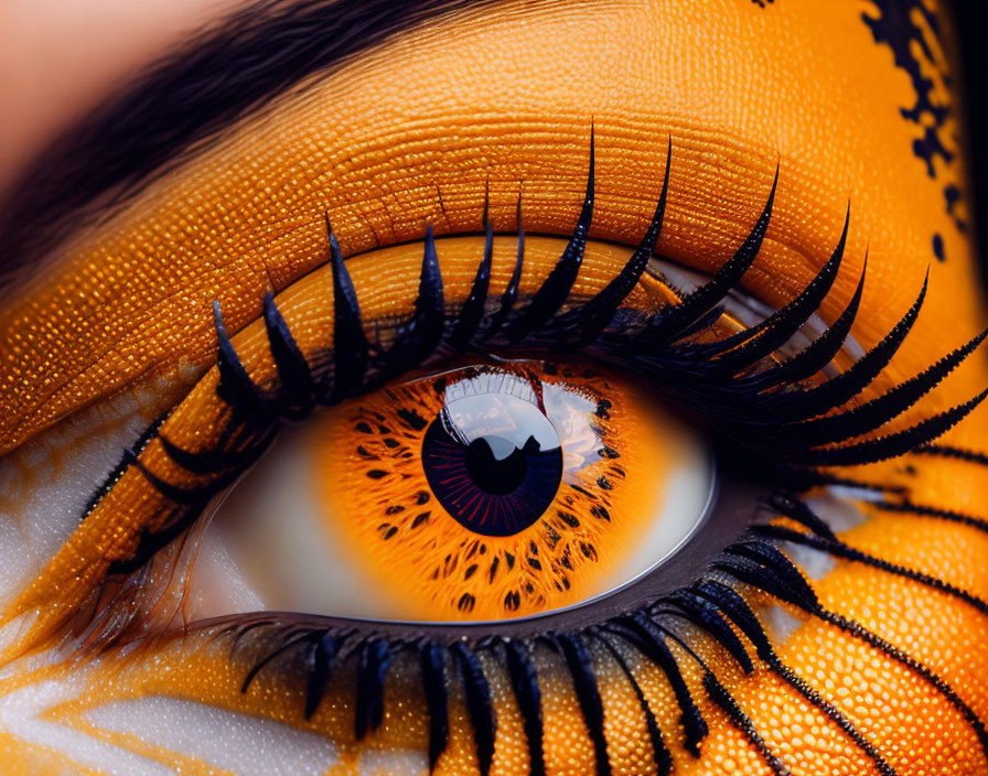 Detailed eye makeup with orange and black butterfly wing design