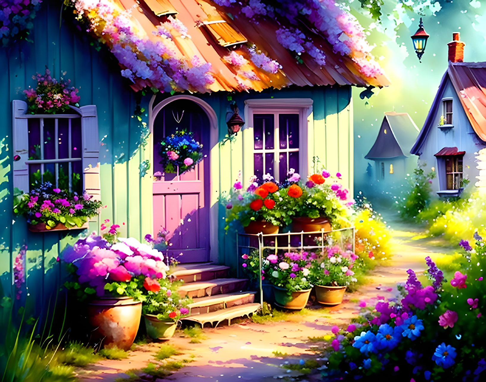 Colorful Cottage Scene with Purple Door and Flowers