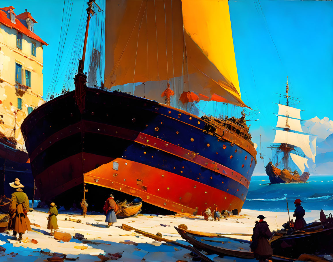 Colorful digital artwork of historic port scene with tall ships and people in period attire on a sunny day