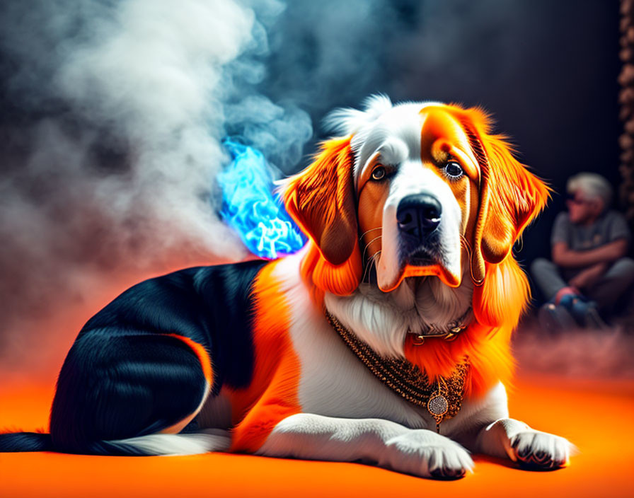 Dog with gold chain in dramatic lighting and blue smoke, person in background