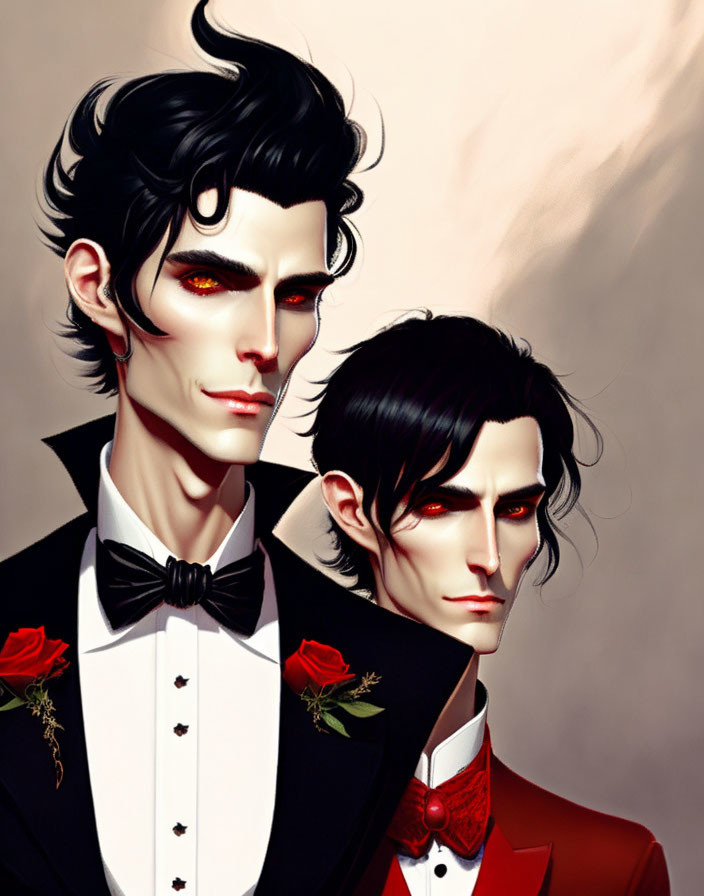 Stylized male figures in red and black with vampiric traits